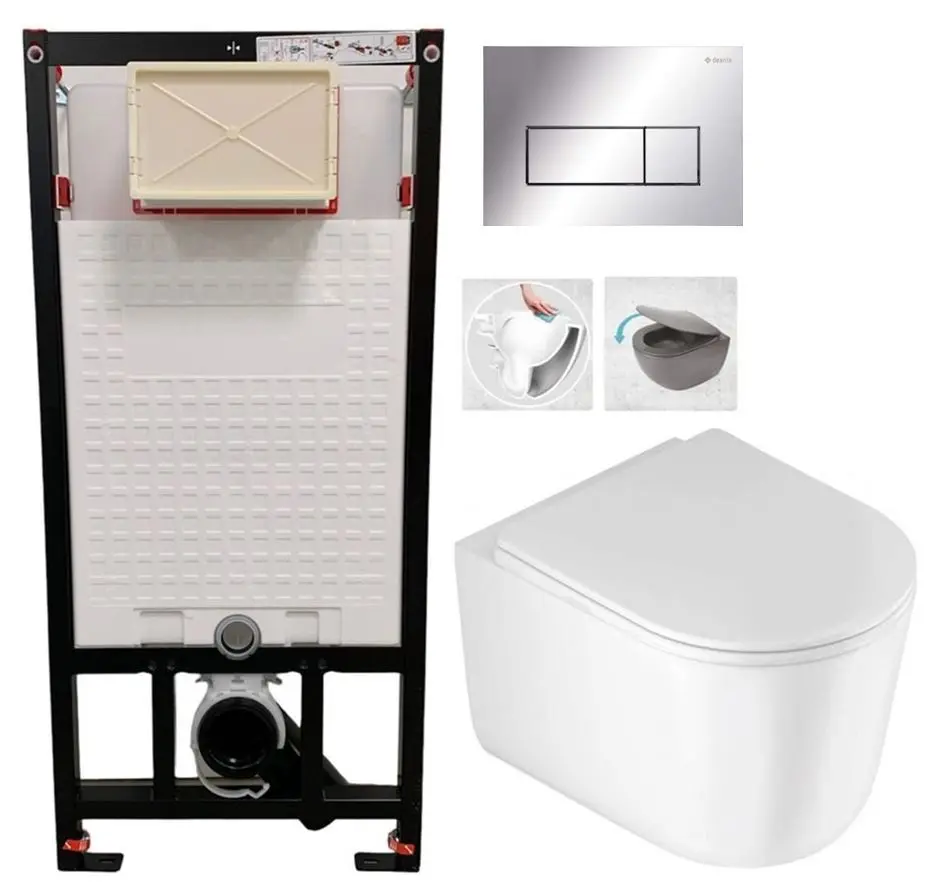 DEANTE Podomítkový rám, pro závěsné WC mísy + SLIM tlačítko chrom + WC DEANTE Jasmin se sedátkem RIMLESS /VÍROVÉ SPLACH/ CST_WC01 051P JA1