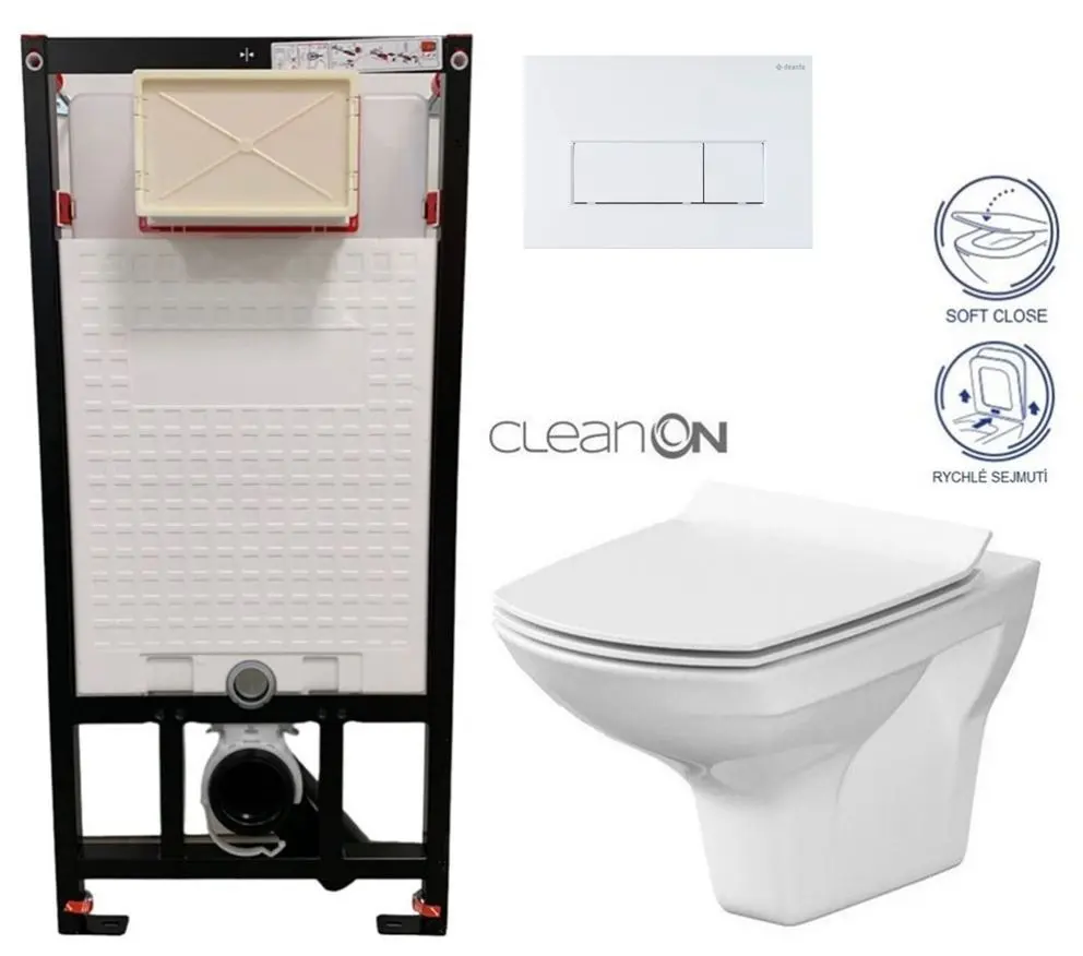 DEANTE Podomítkový rám, pro závěsné WC mísy + SLIM tlačítko bílé + WC CERSANIT CLEANON CARINA + SEDÁTKO CST_WC01 A51P CA3