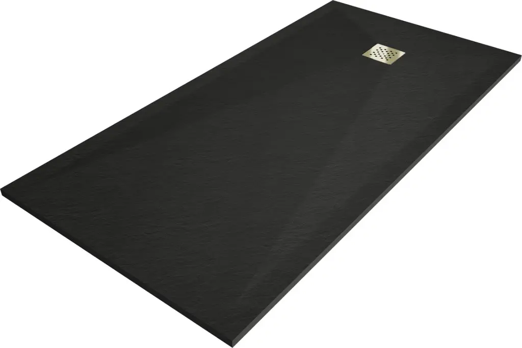 MEXEN/S Stone+ obdélníková sprchová vanička 160 x 80, černá, mřížka zlatá 44708016-G
