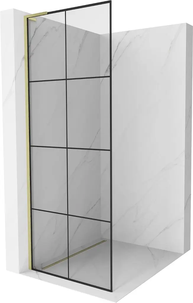 MEXEN/S Kioto L Sprchová zástěna WALK-IN 90 x 200, černý vzor, zlato kartáčovaná 800-090-103-55-77