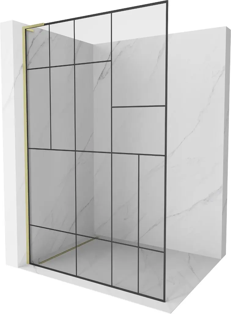 MEXEN/S Kioto L Sprchová zástěna WALK-IN 100 x 200, černý vzor, zlato kartáčovaná 800-100-103-55-78