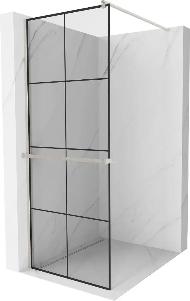 MEXEN/S Kioto+ Sprchová zástěna WALK-IN s poličkou a držákem ručníků 90 x 200, černý vzor, nikl kartáčovaná 800-090-121-97-77