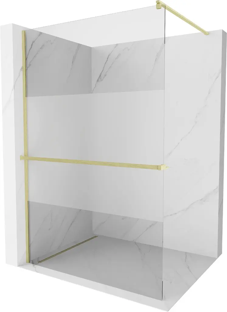 MEXEN/S Kioto+ Sprchová zástěna WALK-IN s poličkou a držákem ručníků 110 x 200, transparent/dekor, zlatá kartáčovaná 800-110-121-55-35