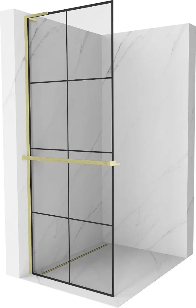 MEXEN/S Kioto+ L Sprchová zástěna WALK-IN s poličkou a držákem ručníků 80 x 200, černý vzor, zlatá kartáčovaná 800-080-123-55-77