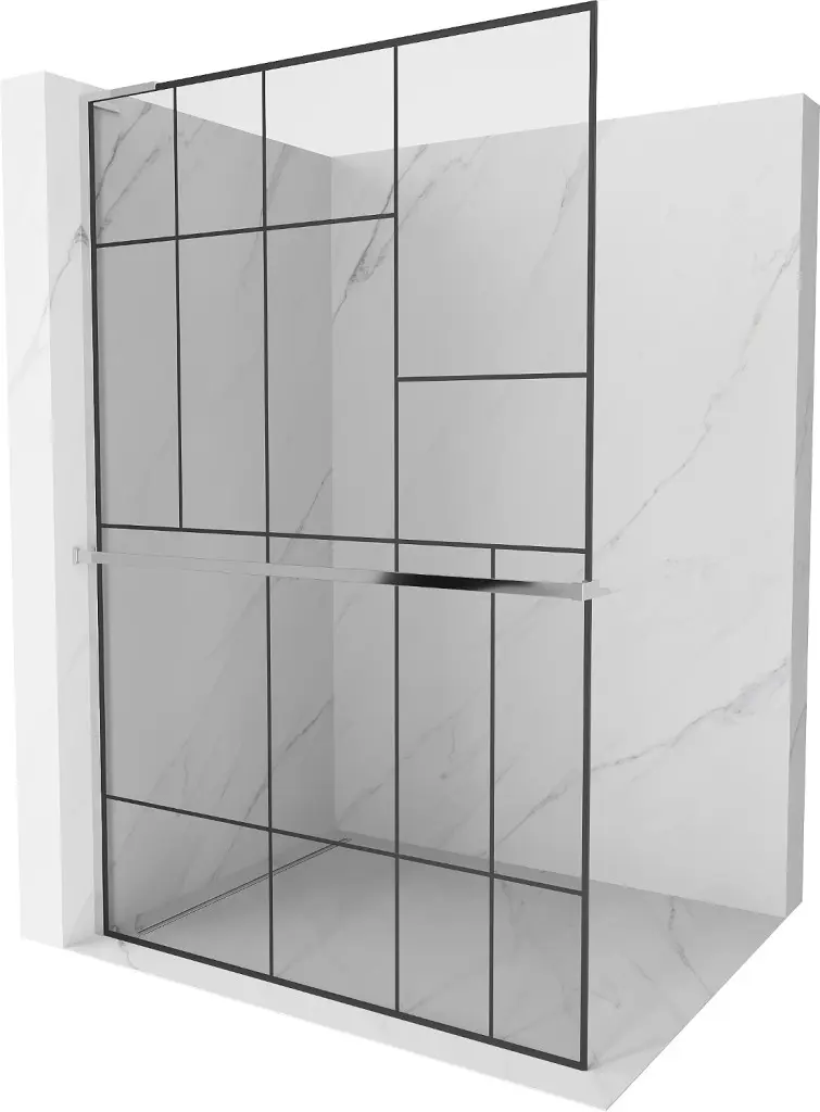 MEXEN/S Kioto+ L Sprchová zástěna WALK-IN s poličkou a držákem ručníků 100 x 200, černý vzor, chrom 800-100-123-01-78