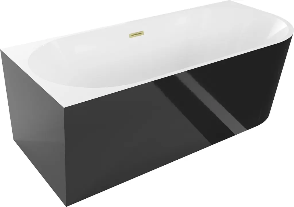 MEXEN/S Mia volně stojící rohová vana levá 180 x 80, bílá/černá, sifon a přepad kartáčované zlato 52691808075L-55