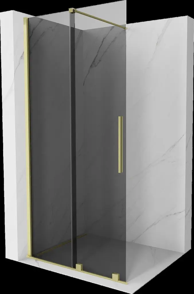 MEXEN/S Velar Sprchová zástěna posuvná Walk-in 75 x 200, grafit 8 mm, zlato kartáčovaná 871-075-000-43-55