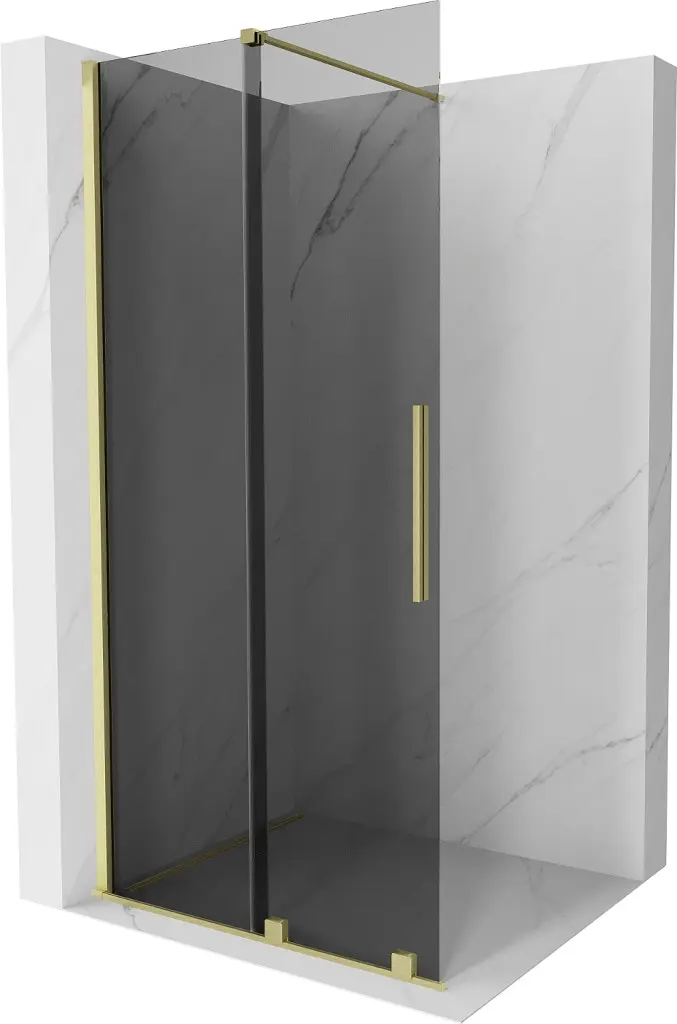 MEXEN/S Velar Sprchová zástěna posuvná Walk-in 85 x 200, grafit 8 mm, zlato kartáčovaná 871-085-000-43-55