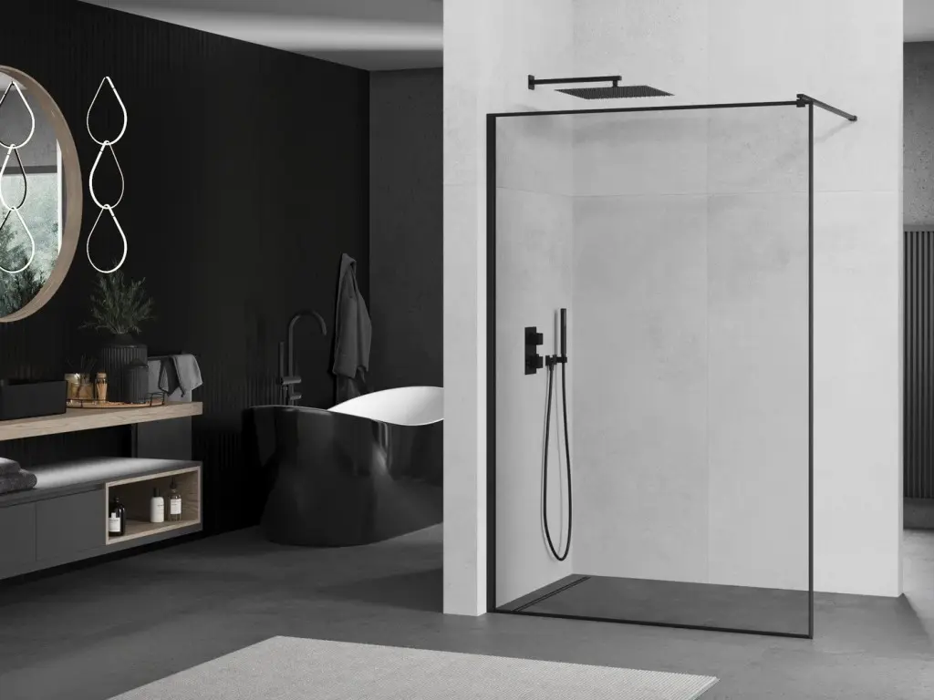 OLSEN SPA Walk-in sprchový kout ALGORA BLACK Barva rámu Černá, Rozměr A 110, Rozměr C 200, Směr zavírání Univerzální Levé / Pravé, Výplň Malované bezpečnostní sklo 8 mm OLBALGO110BC