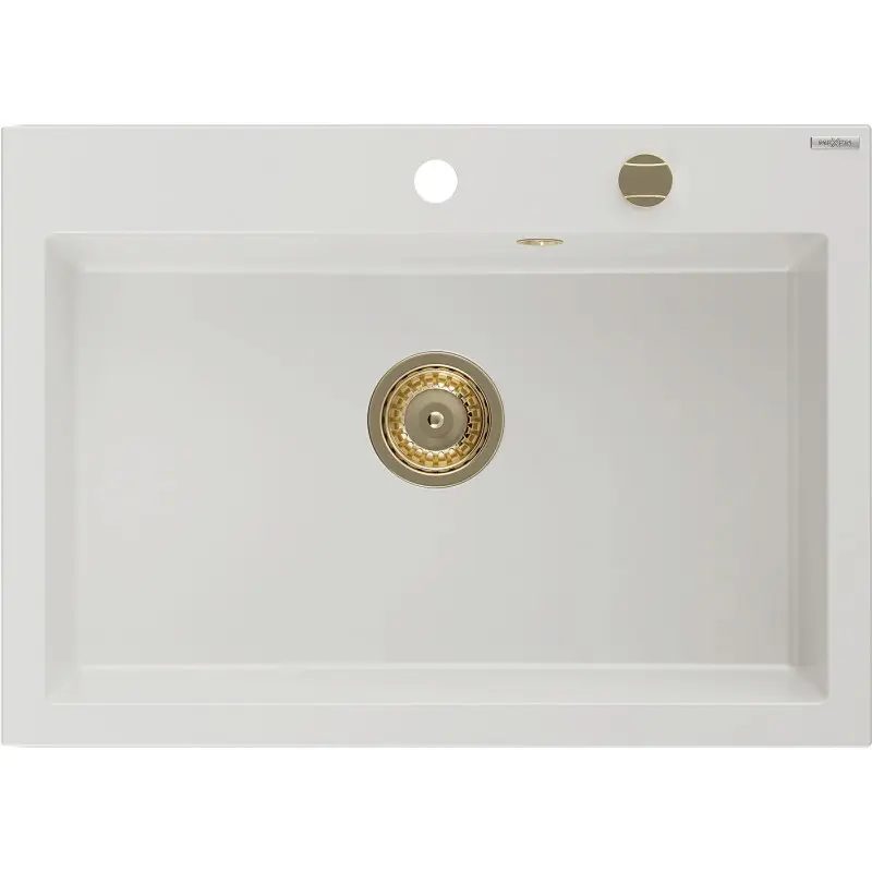 MEXEN/S Elix granitový dřez 1-miska 700 x 500 mm, bílá, sifon zlatá 6526701005-20-G