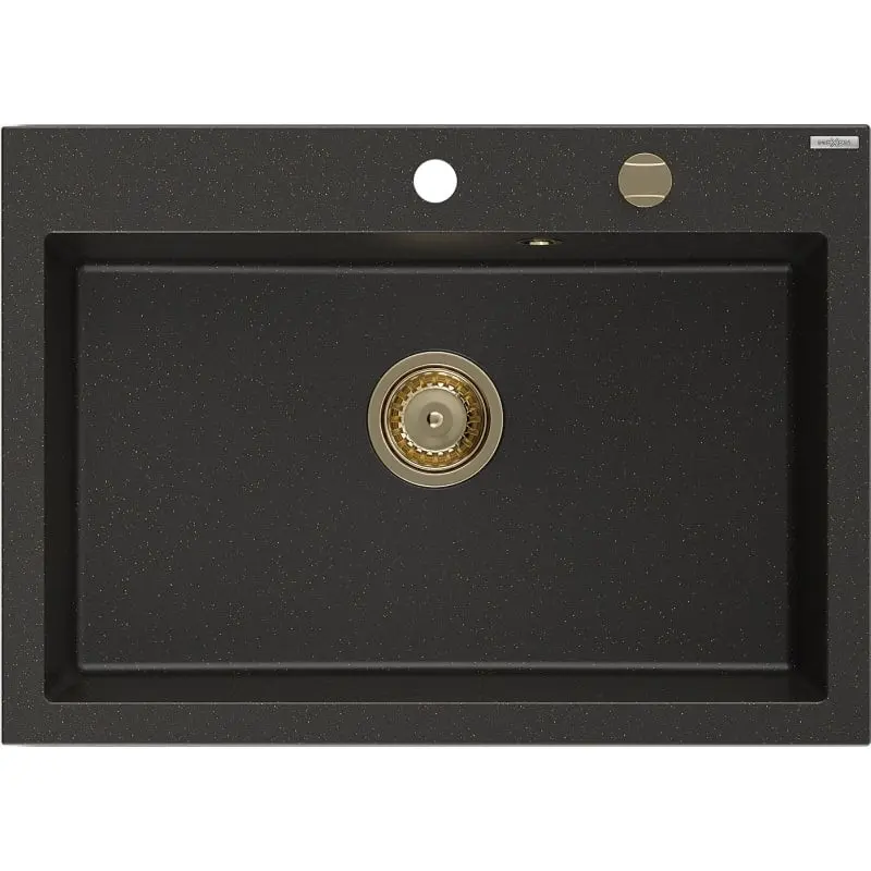 MEXEN/S Elix granitový dřez 1-miska 700 x 500 mm, černá/zlatá metalik, sifon zlatá 6526701005-75-G