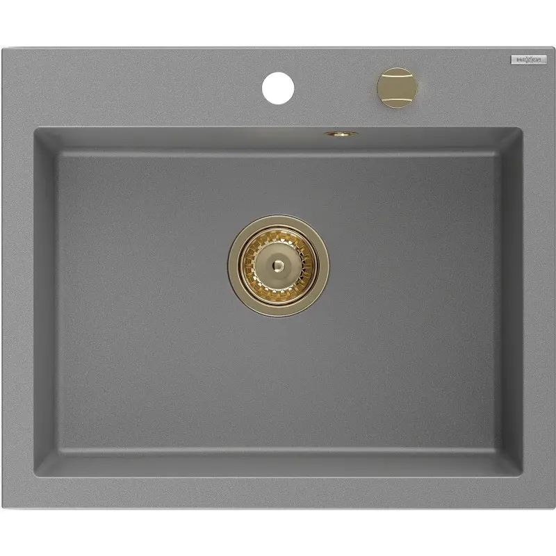MEXEN/S Elix granitový dřez 1-miska 600 x 500 mm, šedý, sifon zlatá 6525601005-71-G