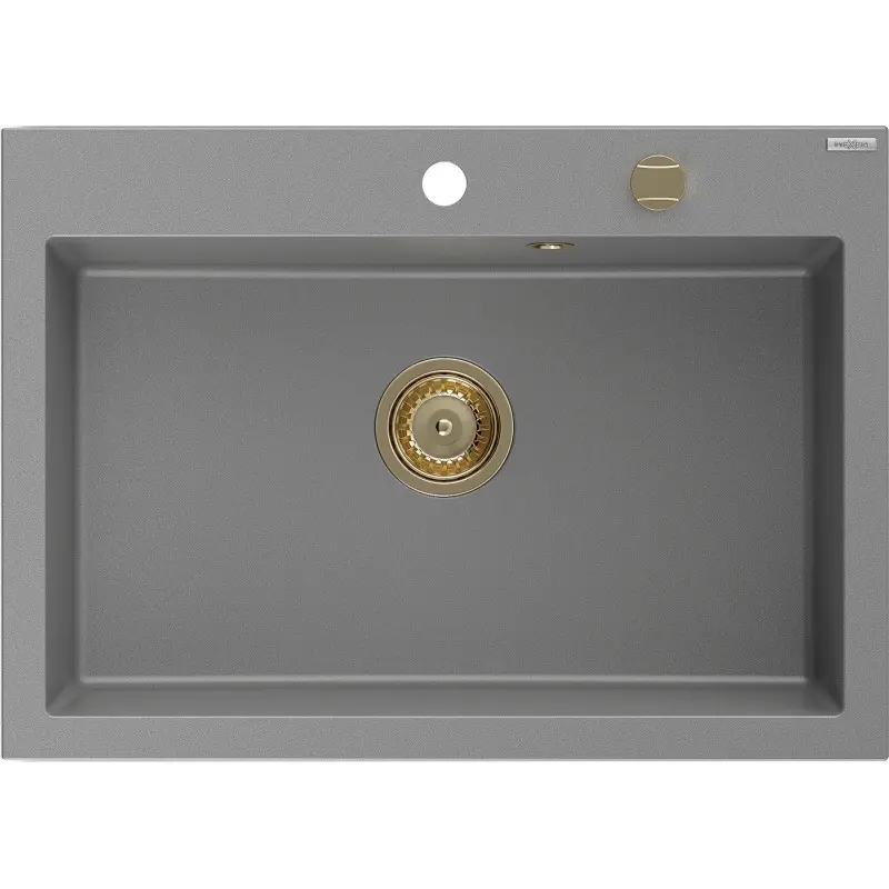 MEXEN/S Elix granitový dřez 1-miska 700 x 500 mm, šedý, sifon zlatá 6526701005-71-G