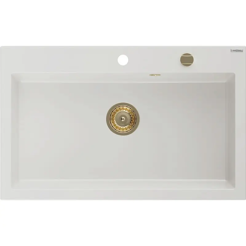 MEXEN/S Elix granitový dřez 1-miska 800 x 500 mm, bílá, sifon zlatá 6527801005-20-G