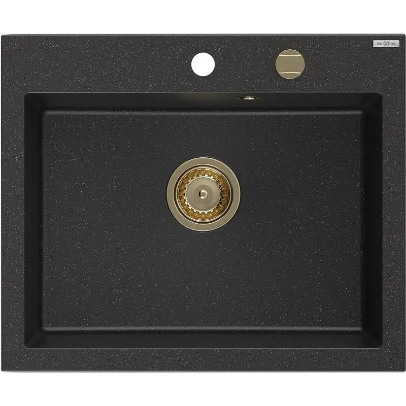 MEXEN/S Elix granitový dřez 1-miska 600 x 500 mm, černá/stříbrná metalik, sifon zlatá 6525601005-73-G