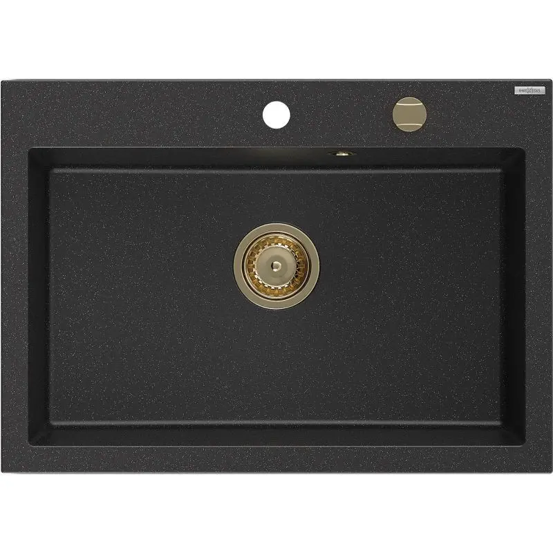 MEXEN/S Elix granitový dřez 1-miska 700 x 500 mm, černá/stříbrná metalik, sifon zlatá 6526701005-73-G