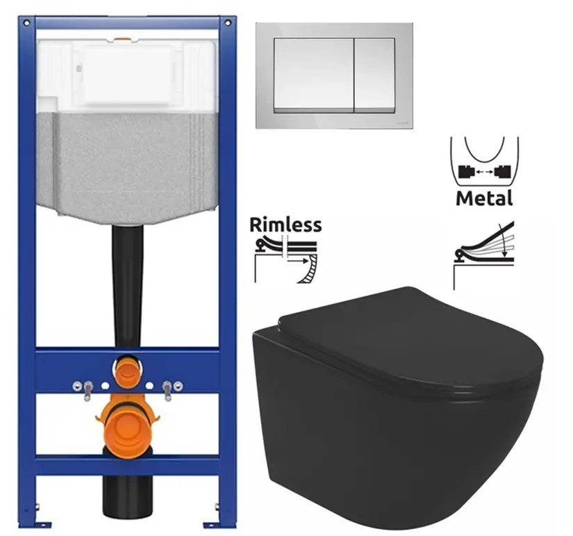 CERSANIT předstěnový instalační systém s tlačítkem chrom K97-509 + WC REA CARLO MINI RIMLESS ČERNÝ MAT + SEDÁTKO K97-526 509 MM1