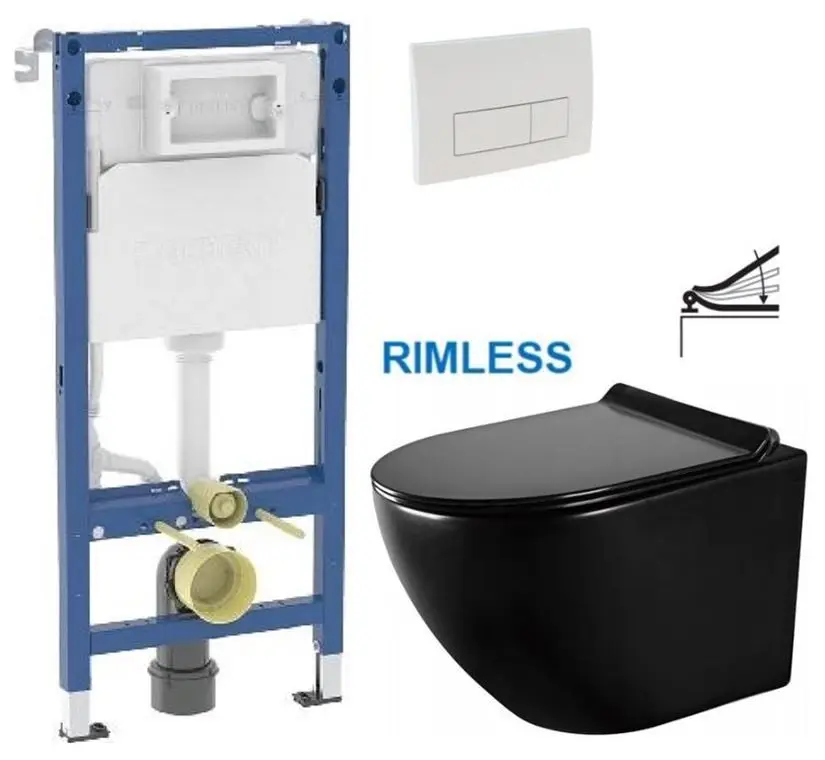 GEBERIT DuofixBasic s bílým tlačítkem DELTA51 + WC MEXEN LENA ČERNÁ Rimless + SEDÁTKO 458.103.00.2 51BI ME01