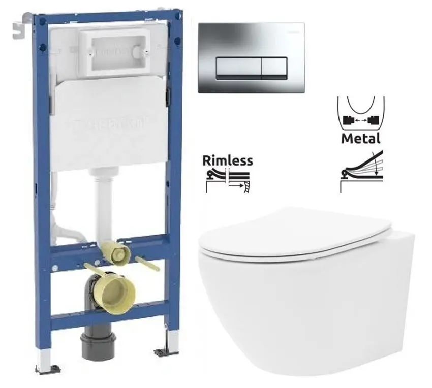 GEBERIT DuofixBasic s chromovým tlačítkem DELTA51 (458.103.00.2 51CR CF1)+ WC REA Carlo Flat Mini Rimless + SEDÁTKO 458.103.00.2 51CR CF1