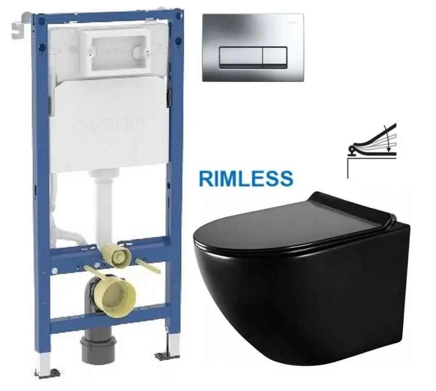 GEBERIT DuofixBasic s chromovým tlačítkem DELTA51 (458.103.00.2 51CR ME01)+ WC MEXEN LENA ČERNÁ Rimless + SEDÁTKO 458.103.00.2 51CR ME01