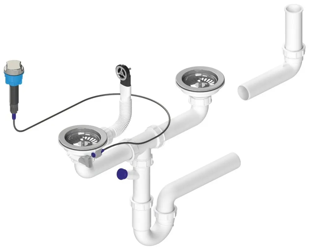 Bruckner Dřezový sifon s přepadem, ovládáním a odbočkou, 6/4", pro dvojdřez,  včetně pilety, DN40, bílá 155.129.0