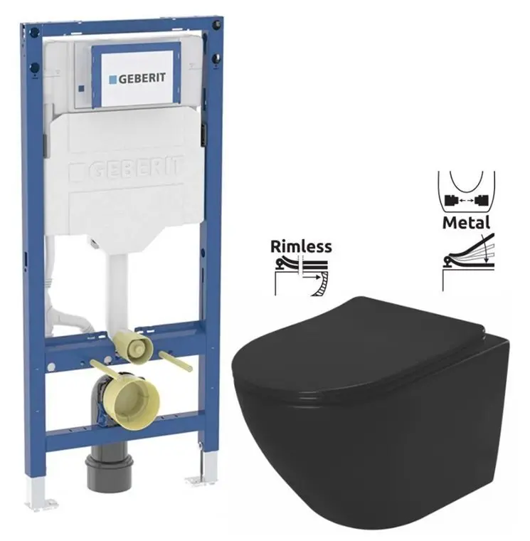 GEBERIT Duofix bez tlačítka + WC REA CARLO MINI RIMLESS ČIERNY MAT + SEDADLO 111.300.00.6 MM1