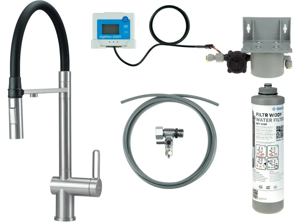 Deante Dřezová baterie Magnetic s flexibilním raménkem a sprškou v kompletu s filtrem vody - BRMFF75M, ocel kartáčovaná