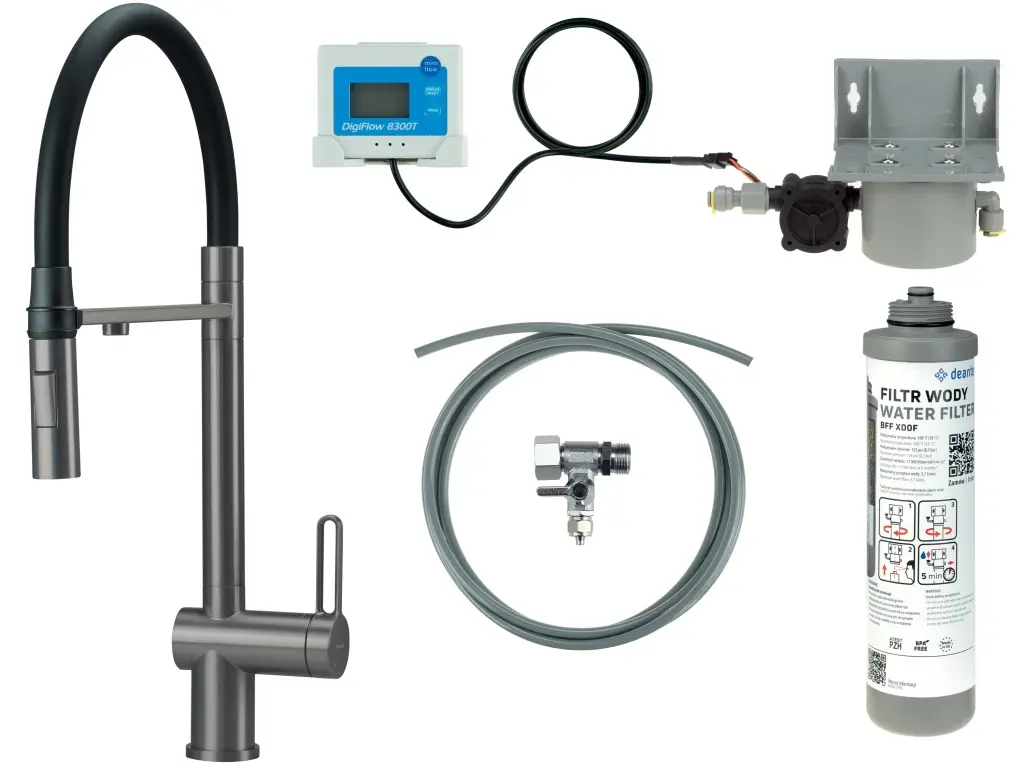 Deante Dřezová baterie Magnetic s flexibilním raménkem a sprškou v kompletu s filtrem vody - BRMFD75M, titan