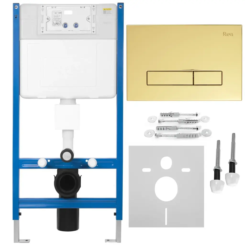 REA/S Podomítkový WC systém K011A-Q + tlačítka I Brush Gold KPL-E9560