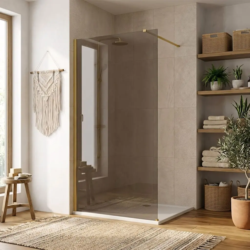 Bezrámová sprchová zástěna REA FLEXI GOLD BRUSH 90 cm, zlatá kartáčovaná/hnědá kouřová - bez vaničky
