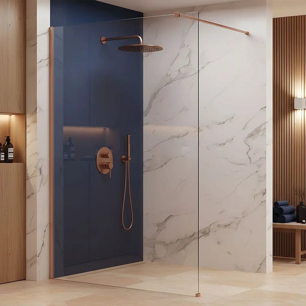 Bezrámová sprchová zástěna REA FLEXI BRUSH COPPER 100 cm, měď kartáčovaná/transparent - bez vaničky