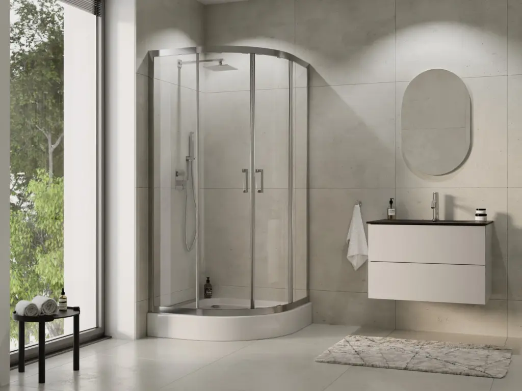 BESCO Čtvrtkruhový sprchový kout MODERN CHROM 190 Barva rámu Chrom/Leštěný hliník (ALU), Rozměr A 90, Rozměr B 90, Rozměr C 190, Směr zavírání Univerzální Levé / Pravé, Výplň Fume bezpečnostní sklo 6 mm BO290CTVRTCG