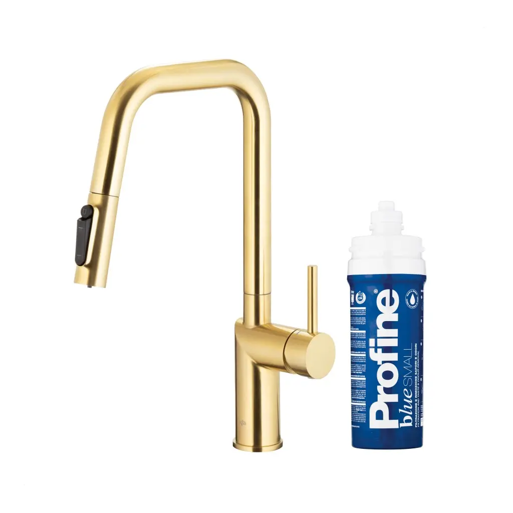 KFA Duero pure style, filtrující, s otočnou výtokovou armaturou, PVD broušené světlé zlato + profine blue s 6623-313-39