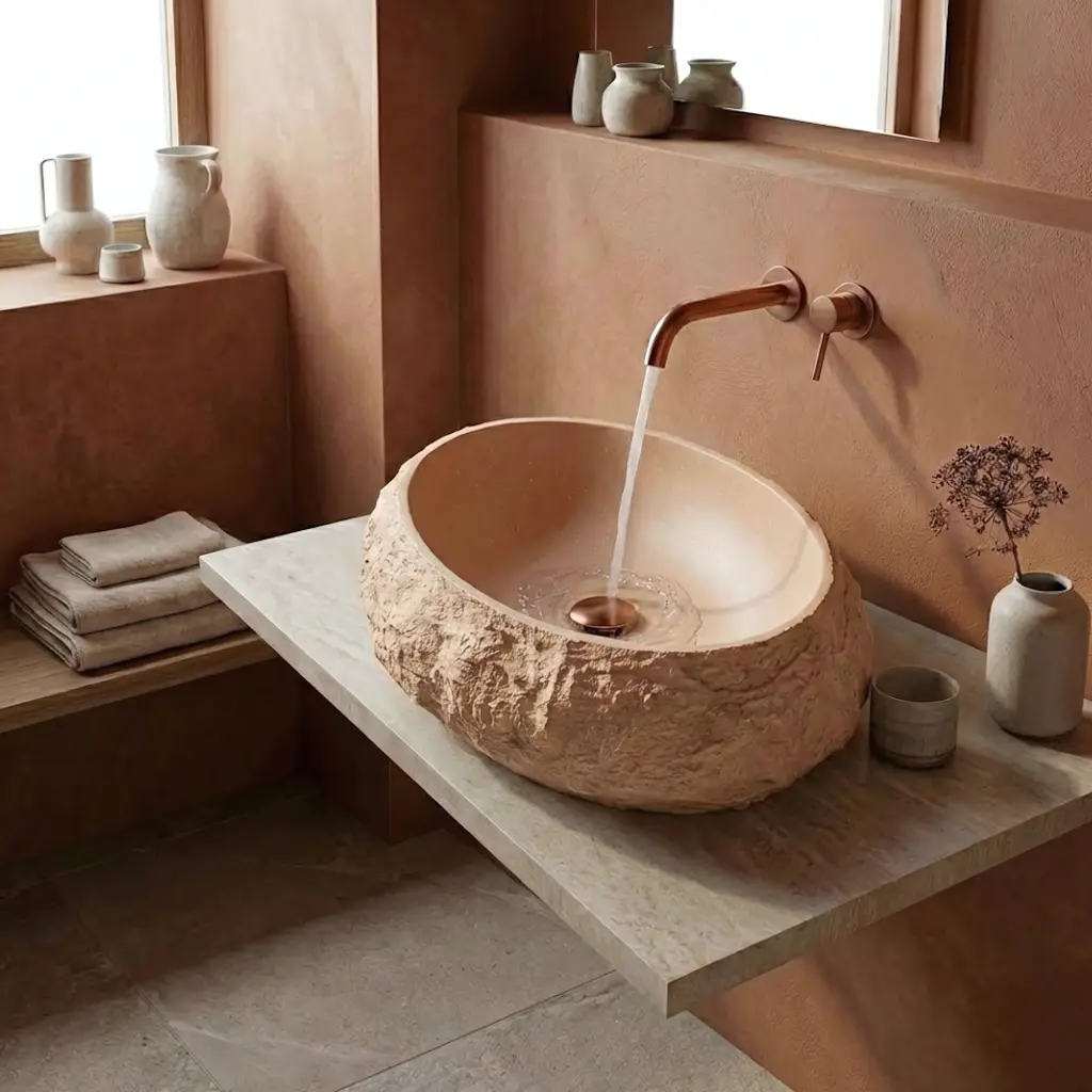 Umyvadlo na desku z kompozitního kamene REA MIKA LIGHT TERRACOTTA 50x38 cm, béžová