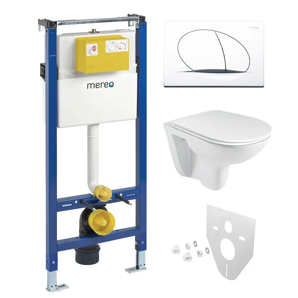 Mereo WC set Rimless WC oblé, modul pro sádrokarton, bílé oválné tlačítko MM02NSETRS110