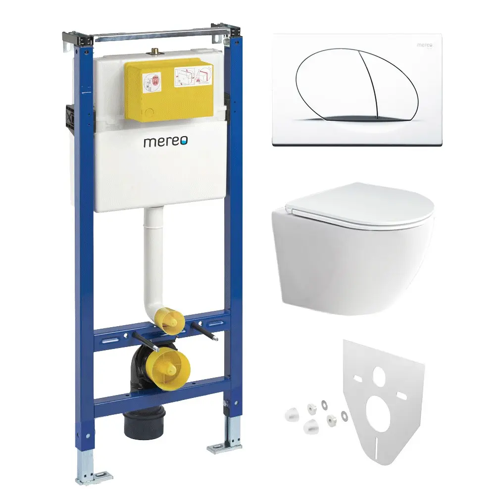 Mereo WC set Rimless WC oblé, modul pro sádrokarton, bílé oválné tlačítko MM02NSETRS210