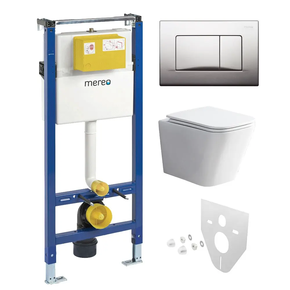 Mereo WC set Rimless WC hranaté, modul pro sádrokarton, chrom hranaté tlačítko matné MM02NSETRS321