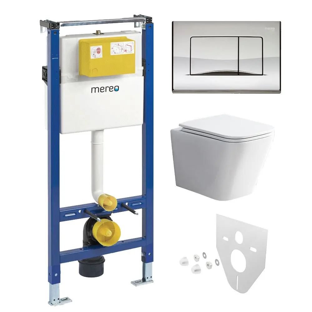 Mereo WC set Rimless WC hranaté, modul pro sádrokarton, chrom hranaté tlačítko lesklé MM02NSETRS322