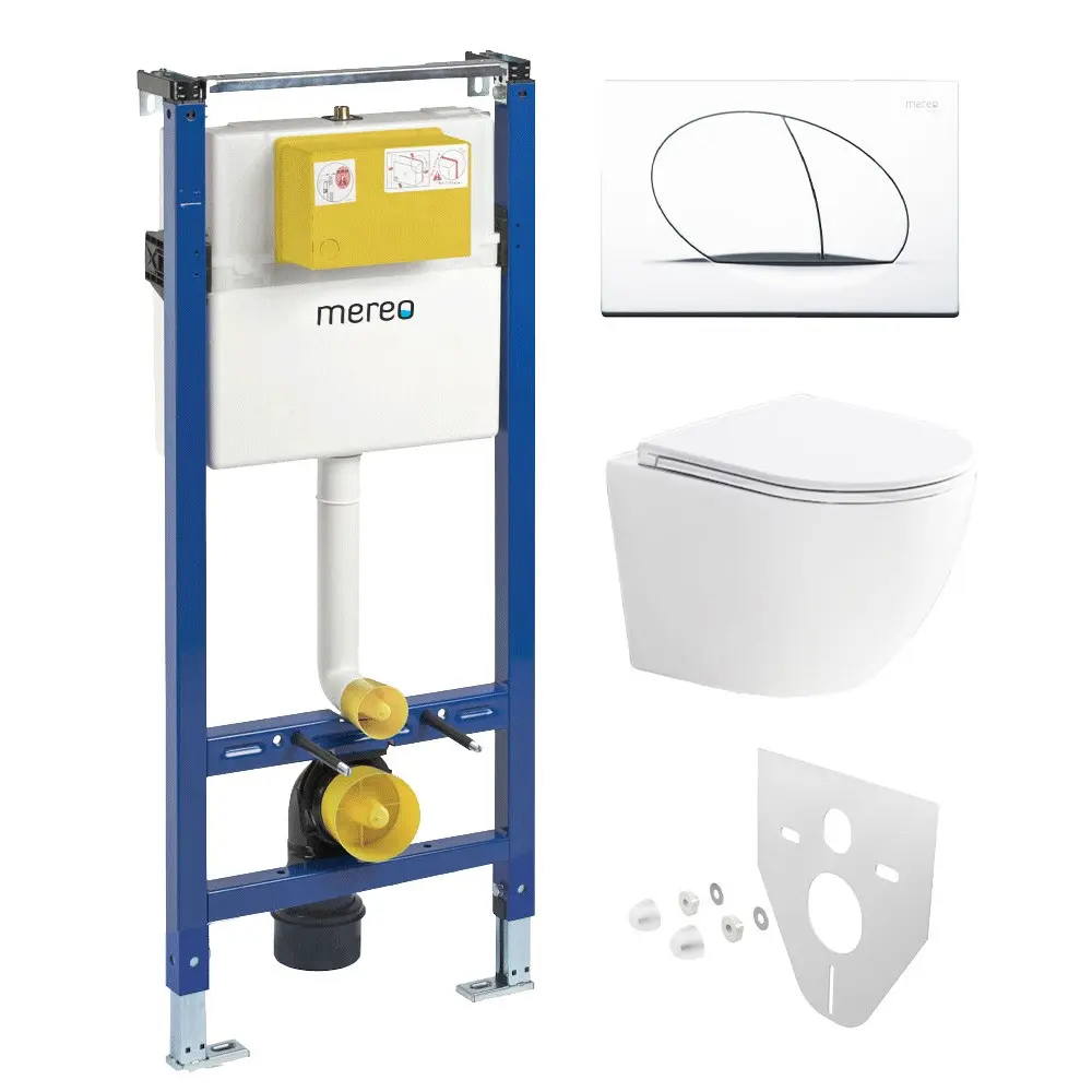Mereo WC set Smart flush rimless WC oblé, modul pro sádrokarton, bílé oválné tlačítko MM02NSETRT210