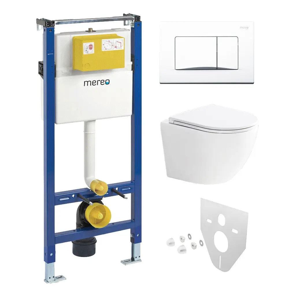 Mereo WC set Smart flush rimless WC oblé, modul pro sádrokarton, bílé hranaté tlačítko MM02NSETRT220