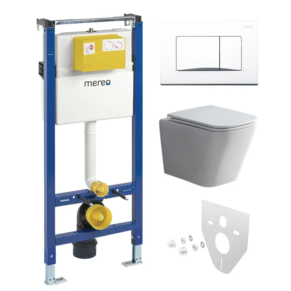 Mereo WC set Smart flush rimless WC hranaté, modul pro sádrokarton, bílé hranaté tlačítko MM02NSETRT320