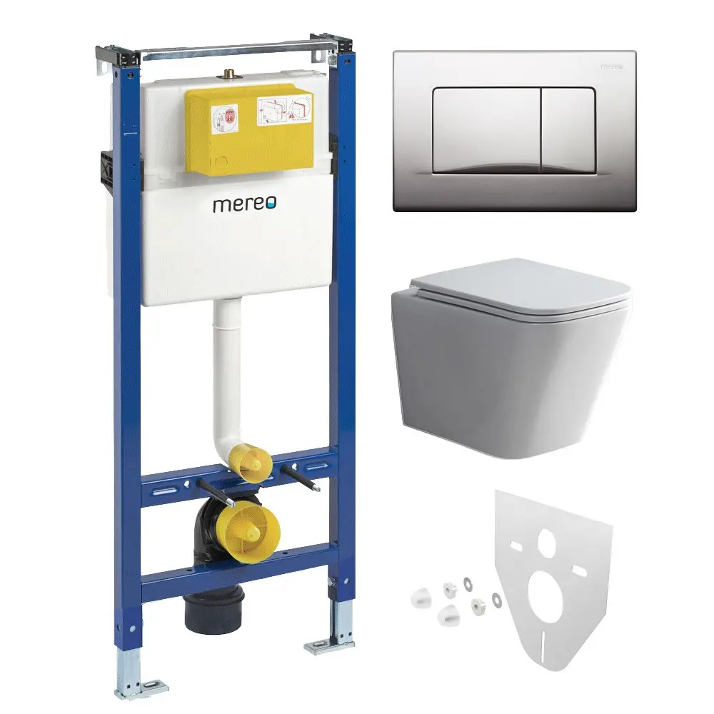Mereo WC set Smart flush rimless WC hranaté, modul pro sádrokarton, chrom hranaté tlačítko matné MM02NSETRT321