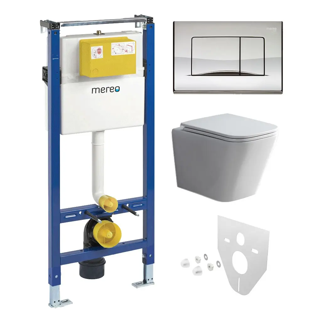 Mereo WC set Smart flush rimless WC hranaté, modul pro sádrokarton, chrom hranaté tlačítko lesklé MM02NSETRT322