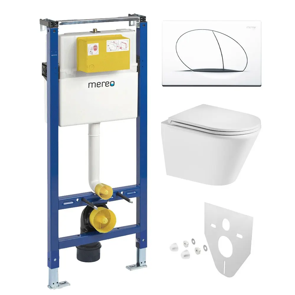 Mereo WC set Smart flush rimless WC oblé, modul pro sádrokarton, bílé oválné tlačítko MM02NSETRT510