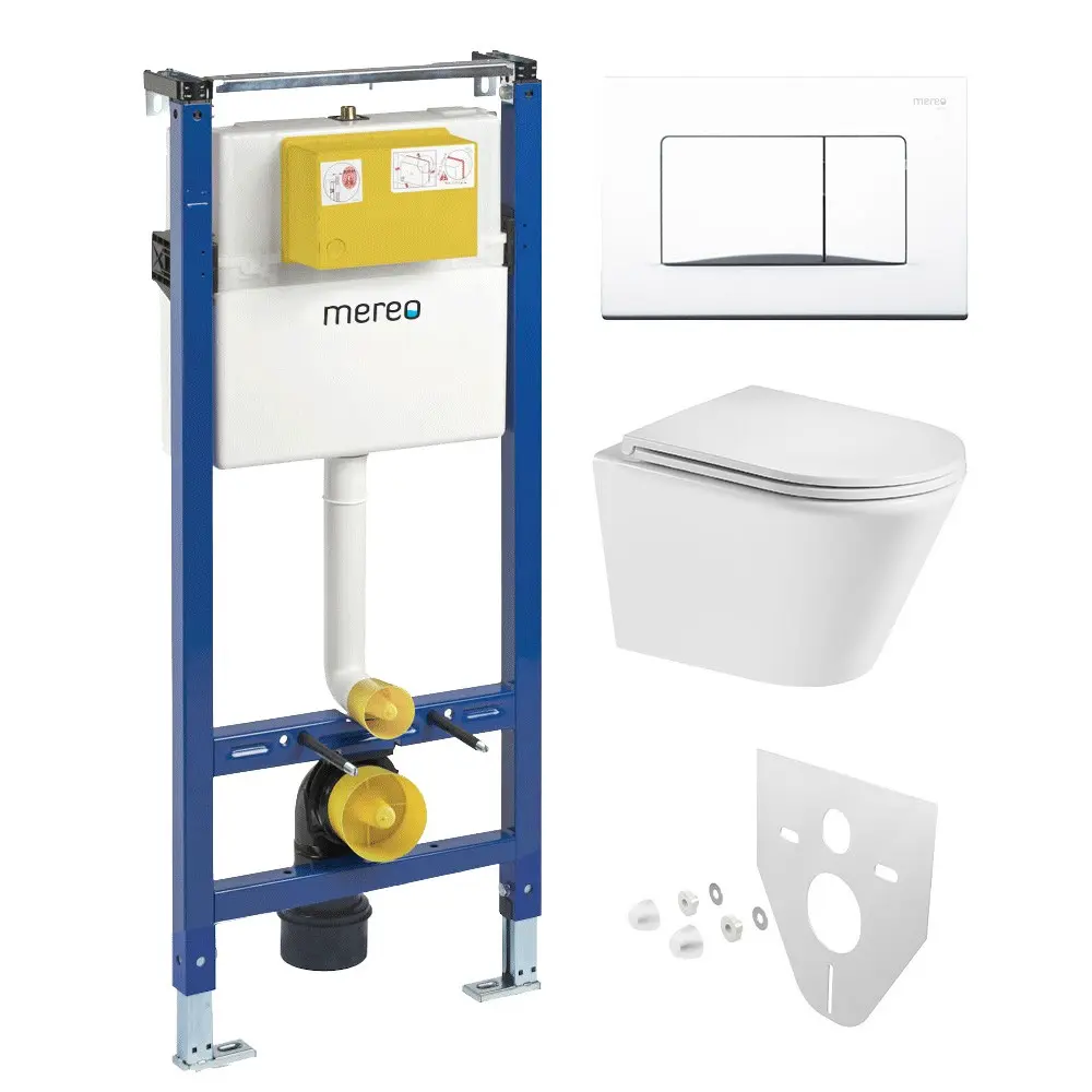 Mereo WC set Smart flush rimless WC oblé, modul pro sádrokarton, bílé hranaté tlačítko MM02NSETRT520