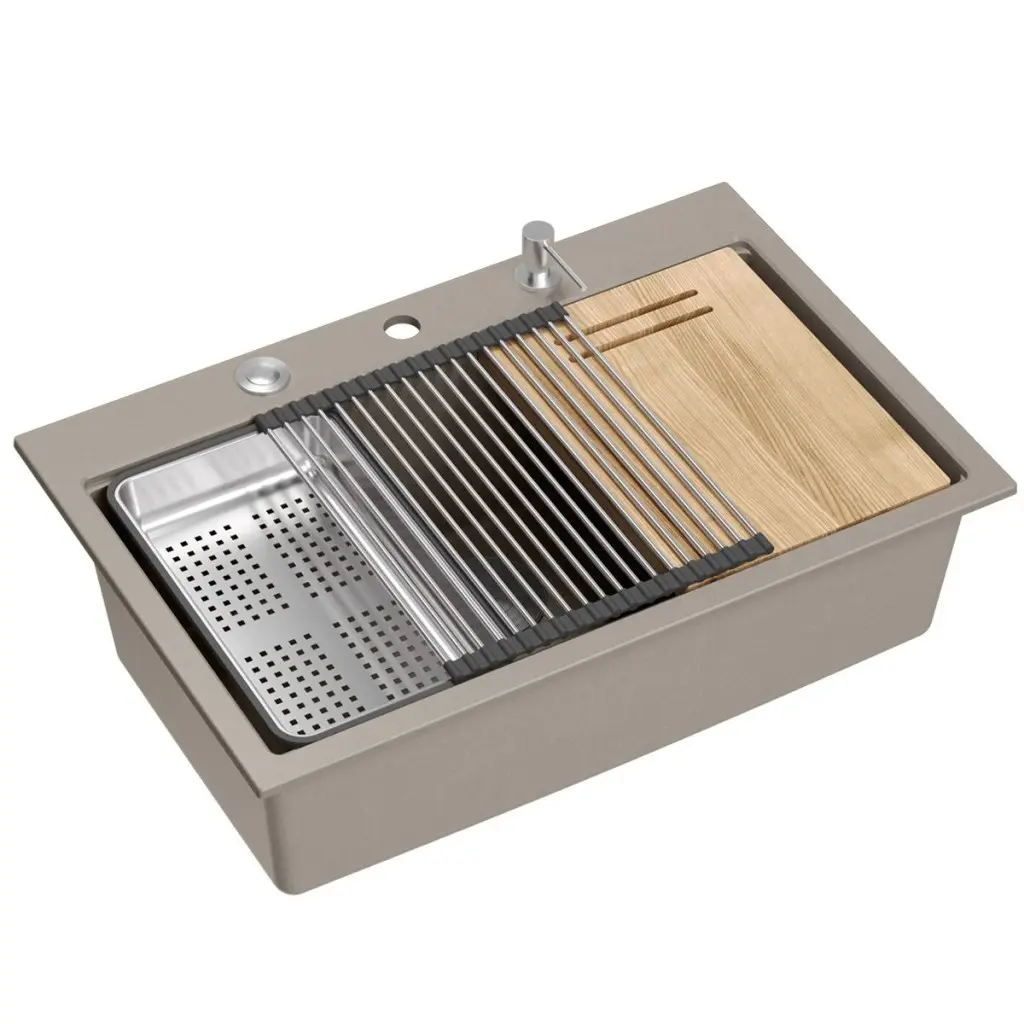 Quadron Granitový dřez MARC 110 WORKSTATION Beige Zlatá zátka ZLE-09046