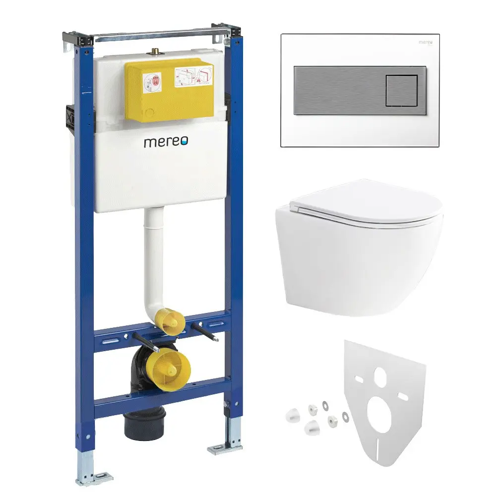 Mereo WC set Smart flush rimless WC oblé, modul pro sádrokarton, bílé hranaté tlačítko MM02NSETRT230