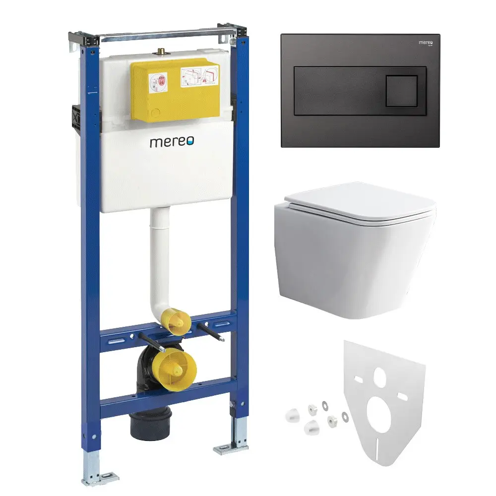 Mereo WC set Rimless WC hranaté, modul pro sádrokarton, černé hranaté tlačítko MM02NSETRS331