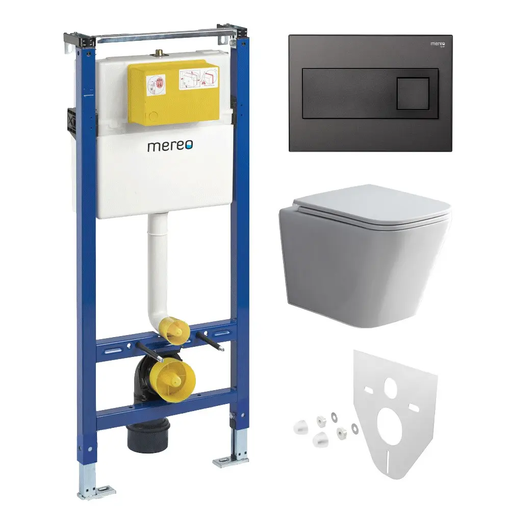Mereo WC set Smart flush rimless WC hranaté, modul pro sádrokarton, černé hranaté tlačítko MM02NSETRT331