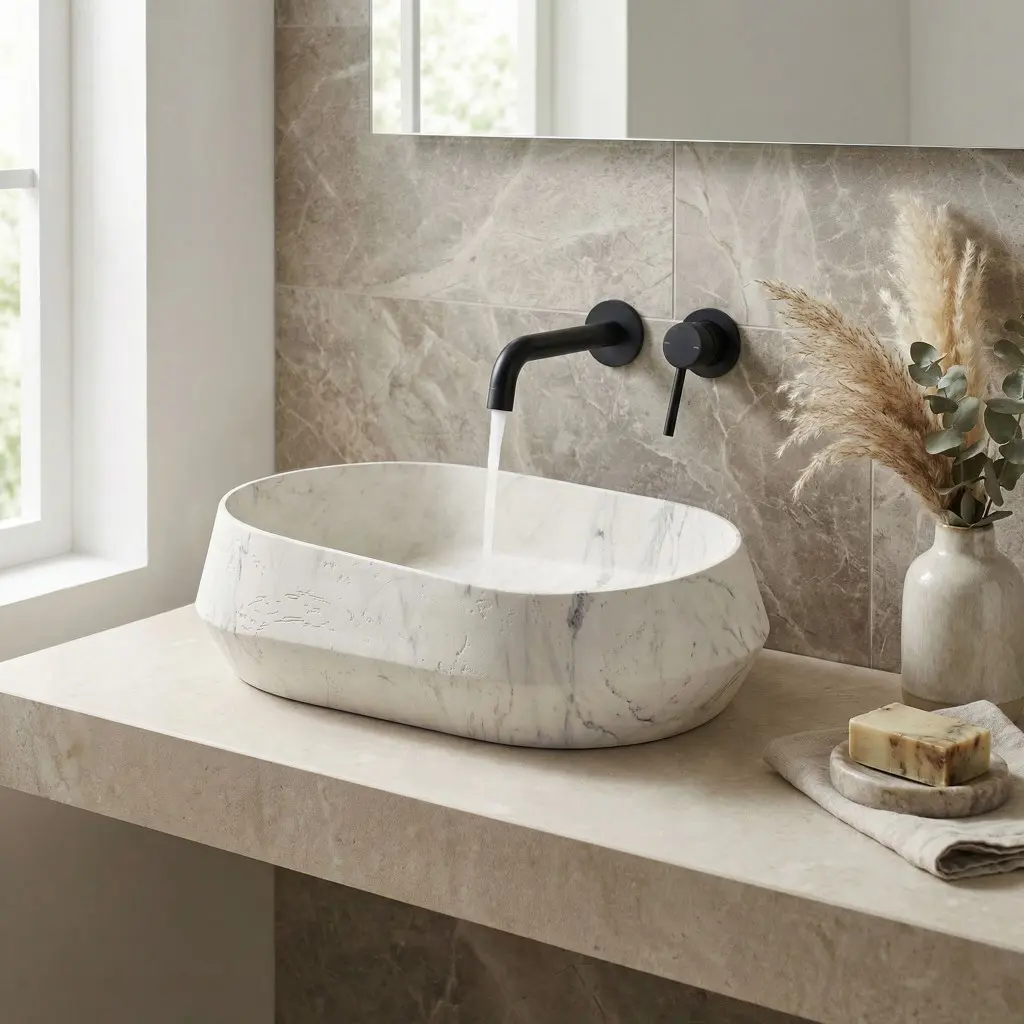 Umyvadlo na desku z kompozitního kamene REA ZOE MARLO 59x38 cm, béžový mramor